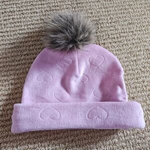 0-9mo Pink Heart Pattern Beanie with Pom Pom